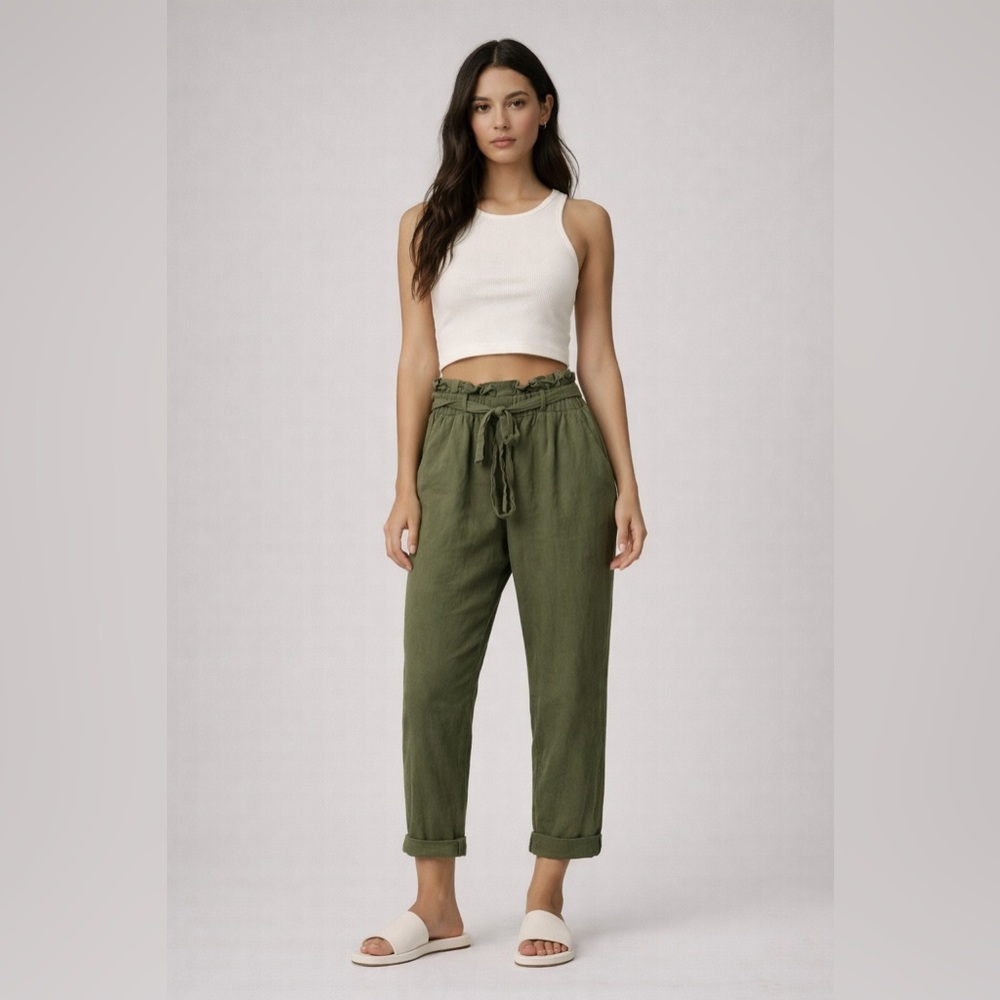 Olive Green Paperbag Waist Tie Belted High Rise Pants Large Casual 100% Cotton - Picture 4 of 9